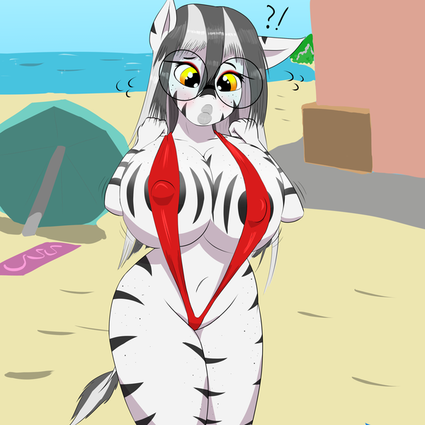Size: 3000x3000 | Tagged: artist needed, source needed, questionable, derpibooru import, oc, oc:ivana, unofficial characters only, anthro, pony, zebra, absolute cleavage, beach, beach towel, belly button, big breasts, big nipples, bikini, bimbo, breast squish, breasts, cleavage, clothes, dick sucking lips, erect nipples, exclamation point, female, freckles, glasses, huge breasts, image, interrobang, looking down, mare, nipple outline, nipples, nudity, png, question mark, round glasses, sling bikini, solo, solo female, stripes, swimsuit, towel, zebra oc
