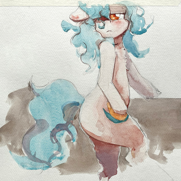 Size: 1373x1373 | Tagged: safe, artist:ruby, derpibooru import, oc, oc:asha, unofficial characters only, pony, bipedal, female, hair over one eye, image, jpeg, mare, solo, traditional art, turned head, watercolor painting