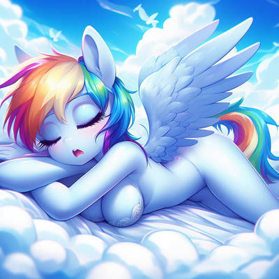 Size: 400x400 | Tagged: suggestive, ai content, derpibooru import, machine learning generated, prompter:lyraheart4, stable diffusion, rainbow dash, anthro, pegasus, big breasts, blushing, bra, breasts, busty rainbow dash, clothes, cloud, eyes closed, female, image, jpeg, lying down, lying on a cloud, on a cloud, open mouth, panties, prone, sleeping, sleeping on a cloud, solo, solo female, spread wings, thong, underwear, wings