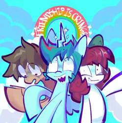 Size: 727x729 | Tagged: safe, artist:yl0w, derpibooru import, oc, oc:zef, unnamed oc, unofficial characters only, alicorn, earth pony, pegasus, abstract background, alicorn oc, ambiguous gender, big eyes, blue coat, blue mane, bow, brown coat, brown mane, cloud, crooked horn, earth pony oc, hair bow, horn, image, looking at you, looking down, looking up, magic, open mouth, open smile, pegasus oc, png, rainbow, raised hoof, red mane, sharp teeth, shocked, shocked expression, smiling, sparkles, spread wings, teeth, text, trio, white coat, white text, wings