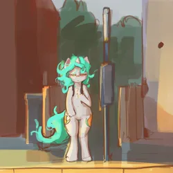 Size: 3000x3000 | Tagged: safe, artist:ruby, derpibooru import, oc, oc:asha, unofficial characters only, pony, unicorn, backpack, bipedal, bus stop, female, high res, horn, image, jpeg, lidded eyes, mare, solo, standing, street, tired