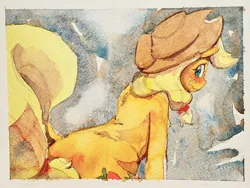 Size: 2048x1536 | Tagged: safe, artist:ruby, derpibooru import, applejack, earth pony, pony, applejack's hat, blushing, cowboy hat, dock, female, hat, high res, image, jpeg, looking back, mare, sitting, smiling, solo, tail, traditional art, watercolor painting