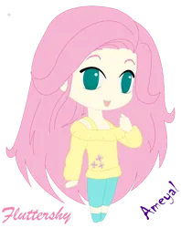 Size: 828x1048 | Tagged: safe, artist:ameyal, derpibooru import, fluttershy, human, clothes, cute, cutie mark, cutie mark on clothes, humanized, image, png, smiling