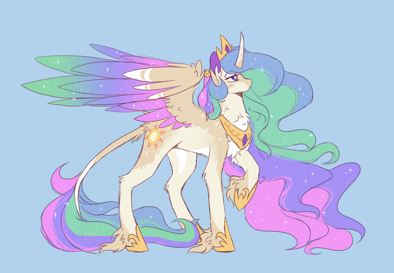 Size: 2246x1559 | Tagged: safe, alternate version, artist:pretzelprince, derpibooru import, princess celestia, alicorn, pony, alternate color palette, alternate design, beige coat, blaze (coat marking), blue background, blushing, chest fluff, coat markings, colored horn, colored pinnae, colored wings, concave belly, crown, dappled, ear fluff, ethereal mane, ethereal tail, eyebrows, eyebrows visible through hair, facial markings, female, fetlock tuft, g4, hoof shoes, horn, image, jewelry, leg fluff, leonine tail, long horn, long mane, long tail, looking up, mare, multicolored mane, multicolored tail, multicolored wings, neck fluff, no mouth, pale belly, partially open wings, png, princess shoes, purple eyes, raised hoof, redesign, regalia, simple background, solo, spread wings, standing, starry mane, starry tail, starry wings, tail, tail fluff, tiara, unicorn horn, unshorn fetlocks, wavy mane, wavy tail, wing fluff, wingding eyes, wings