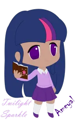 Size: 828x1334 | Tagged: safe, artist:ameyal, derpibooru import, twilight sparkle, human, book, clothes, cutie mark on book, humanized, image, png, skirt, sweater vest, tan skin