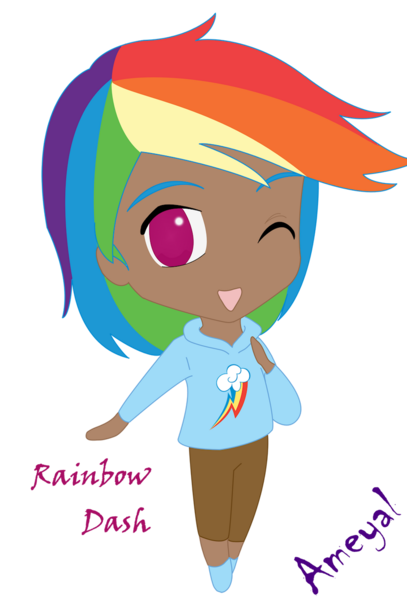 Size: 827x1220 | Tagged: safe, artist:ameyal, derpibooru import, rainbow dash, human, clothes, cutie mark, cutie mark on clothes, dark skin, hoodie, humanized, image, pants, png, shirt, shoes, smiling