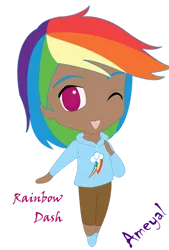 Size: 827x1220 | Tagged: safe, artist:ameyal, derpibooru import, rainbow dash, human, clothes, cutie mark, cutie mark on clothes, dark skin, hoodie, humanized, image, pants, png, shirt, shoes, smiling