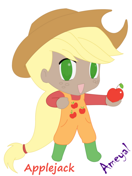 Size: 828x1100 | Tagged: safe, artist:ameyal, derpibooru import, applejack, human, apple, clothes, cutie mark, cutie mark on clothes, food, freckles, humanized, image, png