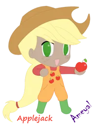 Size: 828x1100 | Tagged: safe, artist:ameyal, derpibooru import, applejack, human, apple, clothes, cutie mark, cutie mark on clothes, food, freckles, humanized, image, png