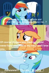 Size: 500x750 | Tagged: artist needed, safe, anonymous artist, derpibooru import, edit, edited screencap, screencap, rainbow dash, scootaloo, pegasus, pony, marks and recreation, parental glideance, adopted, adopted offspring, crying, cute, cutealoo, daaaaaaaaaaaw, dashabetes, duo, female, filly, floppy ears, foal, forgiveness, g4, grin, headcanon, headcanon in the description, heartwarming, hoof on chest, i love you, image, implied bow hothoof, implied windy whistles, mare, meme, png, scootadoption, scootalove, siblings, sisters, smiling, wholesome