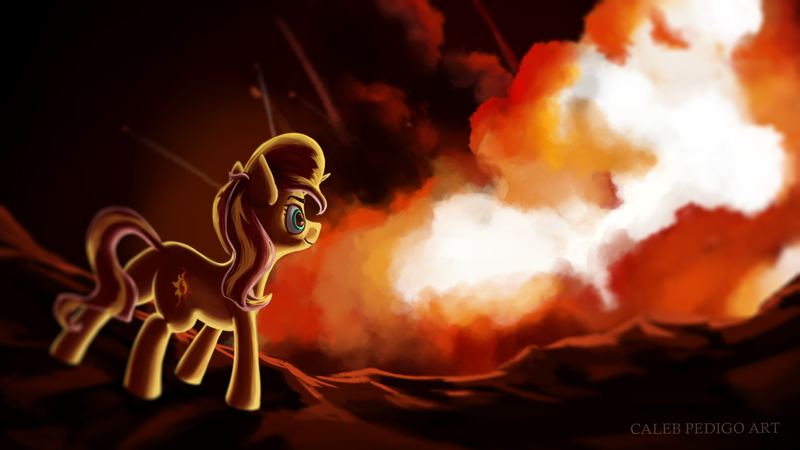 Size: 3482x1959 | Tagged: safe, artist:calebpedigo, derpibooru import, sunset shimmer, pony, unicorn, bunset shimmer, butt, female, fire, g4, high res, horn, image, looking at something, mare, plot, png, solo