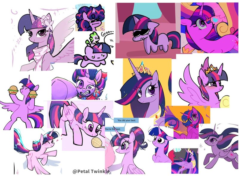 Size: 1440x1058 | Tagged: safe, artist:petaltwinkle, derpibooru import, princess cadance, princess twilight 2.0, spike, twilight sparkle, twilight sparkle (alicorn), alicorn, dragon, pony, unicorn, the last problem, alternate hairstyle, bipedal, clothes, collage, compilation, dragons riding ponies, eyes closed, female, floppy ears, flower, flower in hair, gritted teeth, hair bun, heart, heart eyes, image, jpeg, mare, missing cutie mark, new crown, older, older twilight, older twilight sparkle (alicorn), pomni, riding, scarf, simple background, smiling, solo focus, spike riding twilight, teary eyes, teeth, that pony sure does love burgers, the amazing digital circus, twilight burgkle, unicorn twilight, white background, wingding eyes, yarn, yarn ball