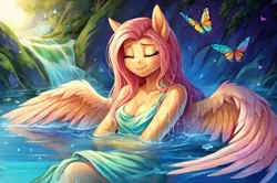 Size: 922x614 | Tagged: safe, ai content, derpibooru import, machine learning generated, prompter:chillyhooves, stable diffusion, fluttershy, anthro, butterfly, insect, pegasus, bathing, eyes closed, image, jpeg, solo, water, waterfall