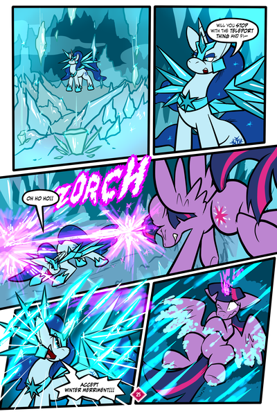 Size: 3000x4500 | Tagged: safe, artist:virmir, derpibooru import, twilight sparkle, twilight sparkle (alicorn), oc, oc:snowmare doom, alicorn, pony, comic:so you've become a pony villain, attack, blast, comic, dialogue, ducking, eyes closed, fake wings, female, fight, g4, glow, glowing horn, horn, ice magic, icicle, image, magic, magic beam, magic blast, mare, png, speech bubble, spread wings, wings