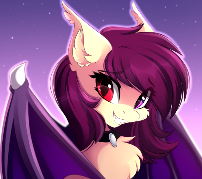 Size: 4444x3941 | Tagged: safe, artist:airiniblock, derpibooru import, oc, oc:angel songbird, unofficial characters only, bat pony, pony, bat pony oc, bat wings, bust, chest fluff, choker, commission, ear fluff, fangs, female, heterochromia, image, looking at you, mare, png, portrait, shy, smiling, smiling at you, solo, wings