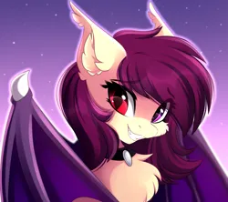 Size: 4444x3941 | Tagged: safe, artist:airiniblock, derpibooru import, oc, oc:angel songbird, unofficial characters only, bat pony, pony, bat pony oc, bat wings, bust, chest fluff, choker, commission, ear fluff, fangs, female, heterochromia, image, looking at you, mare, png, portrait, shy, smiling, smiling at you, solo, wings
