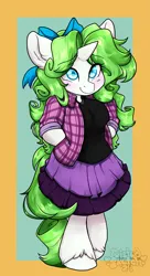 Size: 2115x3900 | Tagged: safe, artist:twisted-sketch, derpibooru import, oc, oc:minty root, anthro, pony, unguligrade anthro, unicorn, bow, clothes, cute, female, hair bow, hands behind back, horn, image, mare, pleated skirt, png, shirt, skirt, solo