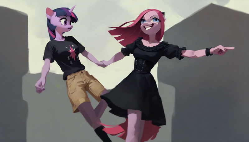 Size: 1344x768 | Tagged: safe, ai content, derpibooru import, machine learning assisted, machine learning generated, prompter:kopaleo, stable diffusion, pinkie pie, twilight sparkle, anthro, faic, generator:pony diffusion v6 xl, image, pinkamena diane pie, png, wat, worried