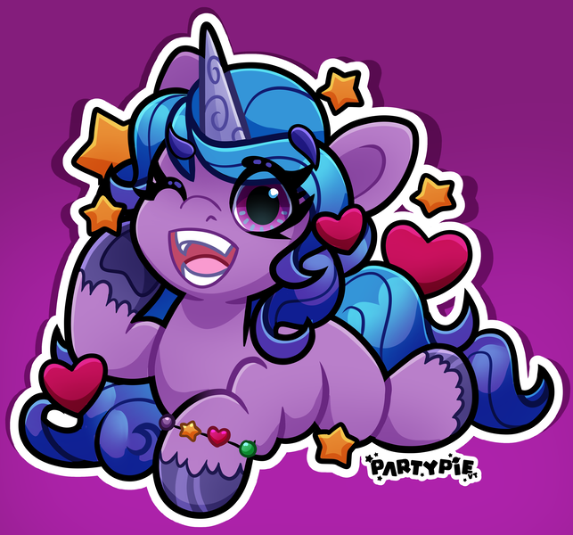 Size: 3969x3703 | Tagged: safe, artist:partypievt, derpibooru import, izzy moonbow, pony, unicorn, g5, bracelet, female, friendship bracelet, high res, horn, image, jewelry, looking at you, lying down, mare, one eye closed, open mouth, png, smiling, smiling at you, solo, unshorn fetlocks, wink, winking at you