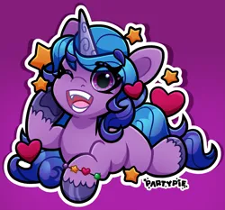 Size: 3969x3703 | Tagged: safe, artist:partypievt, derpibooru import, izzy moonbow, pony, unicorn, g5, bracelet, female, friendship bracelet, high res, horn, image, jewelry, looking at you, lying down, mare, one eye closed, open mouth, png, smiling, smiling at you, solo, unshorn fetlocks, wink, winking at you