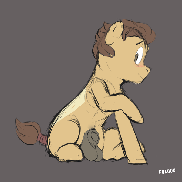 Size: 4200x4200 | Tagged: explicit, artist:foxgoo, oc, oc:cream, unofficial characters only, earth pony, pony, balls, blushing, earth pony oc, eyebrows, image, looking back, male, nudity, png, raised hoof, sheath, short tail, simple background, sitting, smiling, solo, stallion, tail wrap
