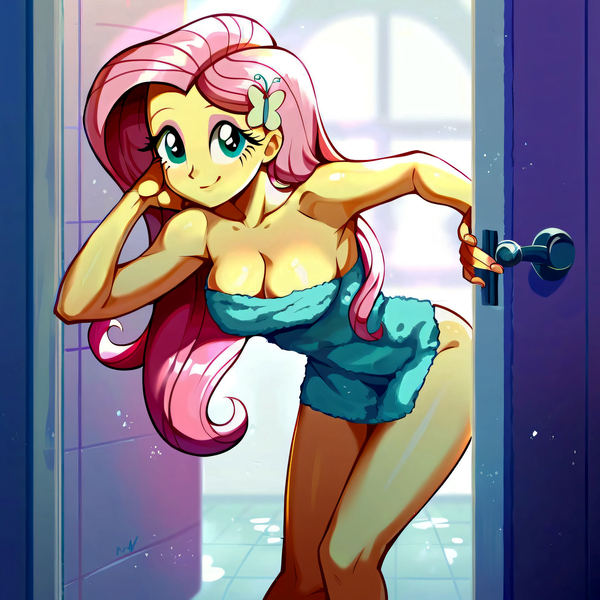 Size: 3000x3000 | Tagged: suggestive, ai content, derpibooru import, machine learning generated, stable diffusion, fluttershy, equestria girls, adorasexy, after shower, arm behind head, bathroom, beautiful, beautisexy, big breasts, breasts, busty fluttershy, butt, butterfly hairpin, cleavage, cute, door, door handle, eyelashes, eyeshadow, female, female focus, females only, flutterbutt, g4, generator:pony diffusion v6 xl, generator:purplesmart.ai, hairpin, human coloration, image, jpeg, lips, looking at you, makeup, nails, open door, prompter:angel-saez, sexy, shower, smiling, smiling at you, solo, solo female, solo focus, standing, stupid sexy fluttershy, thighs, towel