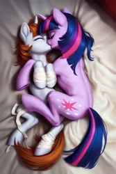Size: 768x1152 | Tagged: safe, ai content, derpibooru import, machine learning generated, stable diffusion, twilight sparkle, oc, oc:littlepip, pony, unicorn, fallout equestria, fulfilled cutie mark, generator:pony diffusion v6 xl, horn, image, jpeg, kissing