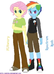 Size: 287x390 | Tagged: safe, artist:ameyal, derpibooru import, edit, fluttershy, rainbow dash, equestria girls, boots, butterscotch, clothes, cutie mark, cutie mark on clothes, duo, duo male, equestria guys, g4, holding hands, image, male, pants, png, rainbow blitz, rule 63, shirt, shoes, simple background, white background, wrong name