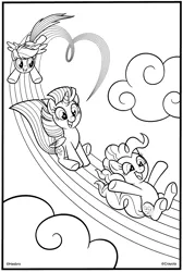 Size: 2081x3101 | Tagged: safe, derpibooru import, official, pinkie pie, rainbow dash, twilight sparkle, alicorn, earth pony, pegasus, pony, black and white, border, cloud, coloring book, coloring page, crayola, female, flying, folded wings, g4, grayscale, grin, hasbro, image, mare, monochrome, open mouth, open smile, png, rainbow, simple background, sliding, smiling, spread wings, trio, trio female, underhoof, white background, wings