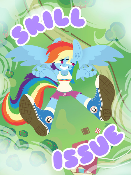 Size: 2160x2880 | Tagged: safe, artist:kenn, derpibooru import, rainbow dash, anthro, clothes, cute, female, g4, image, jpeg, shoes, shorts, skill issue, sneakers, solo, sweet apple acres, tanktop, text