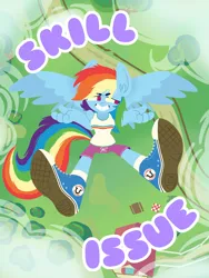 Size: 2160x2880 | Tagged: safe, artist:kenn, derpibooru import, rainbow dash, clothes, g4, image, jpeg, shoes, shorts, skill issue, sneakers, solo, sweet apple acres, tanktop