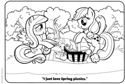 Size: 3039x2058 | Tagged: safe, derpibooru import, official, angel bunny, applejack, fluttershy, earth pony, pegasus, pony, rabbit, anatomically incorrect, animal, apple, basket, bipedal, bipedal leaning, black and white, coloring book, coloring page, cutlery, dialogue, female, food, fork, g4, grass, grayscale, hoof hold, image, incorrect leg anatomy, leaning, male, mare, monochrome, open mouth, open smile, outdoors, picnic, picnic basket, picnic blanket, plate, png, smiling, spoon, spread wings, spring, stock vector, tree, trio, wings