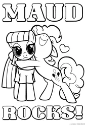 Size: 2057x3029 | Tagged: safe, derpibooru import, official, maud pie, pinkie pie, earth pony, pony, bipedal, black and white, coloring book, coloring page, cute, duo, duo female, female, g4, grayscale, grin, heart, hug, image, mare, monochrome, png, pun, scan, siblings, simple background, sisters, smiling, text, white background