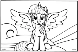Size: 3108x2100 | Tagged: safe, derpibooru import, official, twilight sparkle, twilight sparkle (alicorn), alicorn, pony, cloud, coloring book, coloring page, crayola, error, female, folded wings, four wings, front view, g4, grin, hasbro, image, looking at you, mare, multiple wings, png, rainbow, sitting, smiling, solo, spread wings, wings