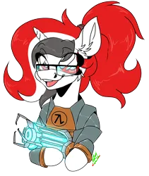 Size: 1464x1732 | Tagged: artist needed, safe, derpibooru import, oc, oc:red rocket, unofficial characters only, unicorn, clothes, cosplay, costume, glasses, half-life, half-life 2, happy, hev suit, horn, image, lambda, png, simple background, solo, transparent background