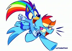 Size: 3048x2160 | Tagged: safe, artist:wutanimations, derpibooru import, rainbow dash, pegasus, pony, bluey, bluey heeler, crossover, cute, emanata, eye clipping through hair, female, flying, g4, image, jpeg, mare, open mouth, piggyback ride, simple background, spread wings, white background, wings