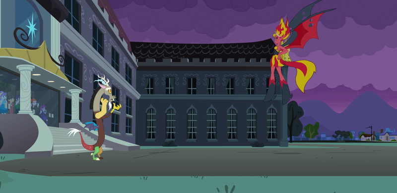 Size: 2214x1080 | Tagged: safe, artist:pascalmulokozi2, composite screencap, derpibooru import, edit, edited screencap, screencap, curly winds, discord, normal norman, some blue guy, sunset shimmer, teddy t. touchdown, tennis match, velvet sky, demon, draconequus, human, equestria girls, equestria girls (movie), clothes, crossover, dress, fall formal, fall formal outfits, g4, image, night, png, scared, strapless, strapless dress, sunset satan