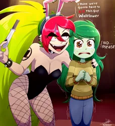 Size: 2034x2234 | Tagged: safe, artist:the-butch-x, derpibooru import, wallflower blush, equestria girls, bracelet, bunny suit, clothes, corset, crossover, demencia, duo, eyeshadow, fangs, female, g4, i think we're gonna have to kill this guy, image, knife, makeup, meme, nail polish, open mouth, playboy bunny, png, scared, spiked wristband, striped swimsuit, swimsuit, tattoo, this will end in death, villainous, wristband