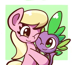 Size: 1600x1384 | Tagged: safe, artist:derp pone, derpibooru import, lily, lily valley, spike, dragon, earth pony, cute, duo, duo male and female, female, hug, image, male, png, ship:lilyspike, shipping, simple background, straight