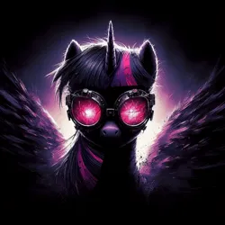 Size: 1024x1024 | Tagged: safe, ai content, derpibooru import, machine learning generated, prompter:enterusxrname, twilight sparkle, twilight sparkle (alicorn), alicorn, pony, bust, g4, generator:bing image creator, generator:dall-e 3, glow, glowing eyes, goggles, image, jpeg, red eyes, simple background, solo, spread wings, wings