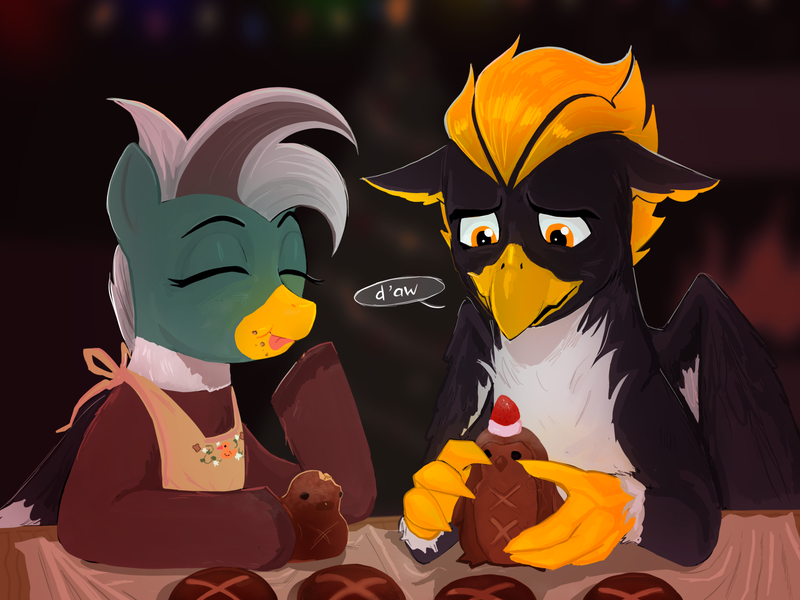 Size: 4000x3000 | Tagged: safe, artist:papabigtoes, derpibooru import, oc, oc:duk, oc:ping wing, bird, hippogriff, penguin, baking, hippogriff oc, image, png