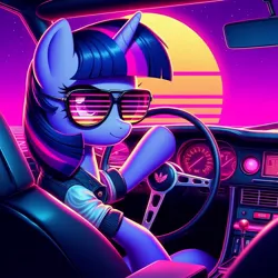 Size: 1024x1024 | Tagged: safe, ai content, derpibooru import, machine learning generated, twilight sparkle, pony, 80s, driving, female, generator:dall-e 3, image, jpeg, mare, solo, synthwave