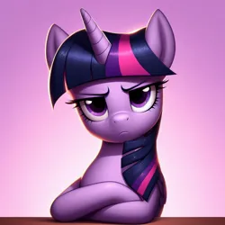 Size: 1024x1024 | Tagged: safe, ai content, derpibooru import, machine learning generated, twilight sparkle, crossed arms, generator:dall-e 3, image, jpeg, looking at you, twilight sparkle is not amused, unamused