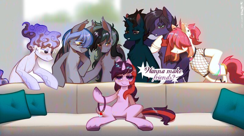 Size: 2048x1141 | Tagged: suggestive, artist:rrd-artist, derpibooru import, oc, oc:fenris ebonyglow, oc:meng xin, oc:midnight snowstorm, oc:oscuro, oc:slashing prices, unofficial characters only, bat pony, earth pony, pegasus, pony, umbrum, unicorn, bat pony oc, bat wings, bipedal, clothes, collar, commission, dialogue, fishnet clothing, glasses, horn, image, jpeg, looking at you, male, meme, not twilight sparkle, piper perri surrounded, scarf, sitting, speech bubble, stallion, talking to viewer, umbrum oc, unicorn oc, wings