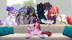 Size: 2048x1141 | Tagged: suggestive, artist:rrd-artist, derpibooru import, oc, oc:fenris ebonyglow, oc:meng xin, oc:midnight snowstorm, oc:oscuro, oc:slashing prices, unofficial characters only, bat pony, earth pony, pegasus, pony, umbrum, unicorn, bat pony oc, bat wings, bipedal, clothes, collar, commission, dialogue, fishnet clothing, glasses, horn, image, jpeg, looking at you, male, meme, not twilight sparkle, piper perri surrounded, scarf, sitting, speech bubble, stallion, talking to viewer, umbrum oc, unicorn oc, wings