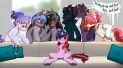 Size: 2048x1141 | Tagged: suggestive, alternate version, artist:rrd-artist, derpibooru import, oc, oc:fenris ebonyglow, oc:meng xin, oc:midnight snowstorm, oc:oscuro, oc:slashing prices, unofficial characters only, bat pony, earth pony, pegasus, pony, umbrum, unicorn, bat pony oc, bat wings, bipedal, blushing, clothes, collar, commission, dialogue, fishnet clothing, glasses, horn, image, imminent sex, jpeg, looking at you, male, meme, not twilight sparkle, piper perri surrounded, scarf, sitting, speech bubble, stallion, sweat, sweatdrop, umbrum oc, unicorn oc, vulgar, wings