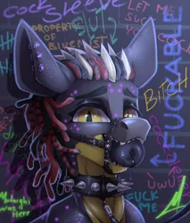 Size: 3400x4000 | Tagged: suggestive, artist:midnightflight, derpibooru import, oc, oc:zap, unofficial characters only, dracony, dragon, hybrid, pony, bdsm, bridle, bust, choker, collar, ear piercing, exhibitionism, gag, harness, harness gag, image, jpeg, leash, pet play, piercing, portrait, public use, solo, spiked choker, spiked collar, tack