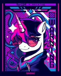 Size: 2400x3000 | Tagged: safe, artist:poxy_boxy, derpibooru import, oc, unofficial characters only, pony, unicorn, abstract background, bust, clothes, commission, hoodie, horn, image, jpeg, limited palette, smiling, solo, sunglasses, text