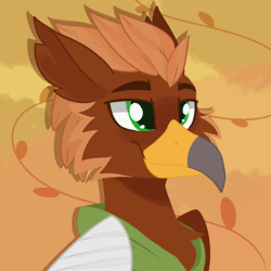 Size: 1200x1200 | Tagged: safe, artist:modularpon, derpibooru import, oc, oc:pavlos, gryphon, animated, bandage, beak, broken bone, broken wing, bust, cast, cheek fluff, clothes, colored wings, commission, eared griffon, gif, griffon oc, headshot commission, hoodie, image, injured, male, non-pony oc, smiling, wings