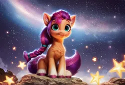 Size: 1216x832 | Tagged: safe, ai content, derpibooru import, machine learning generated, prompter:kluknawa235, stable diffusion, sunny starscout, earth pony, pony, g5, my little pony: a new generation, chest fluff, ear fluff, galaxy, generator:pony diffusion v6 xl, image, jpeg, night, sitting, sky, smiling, solo, sparkles, stars